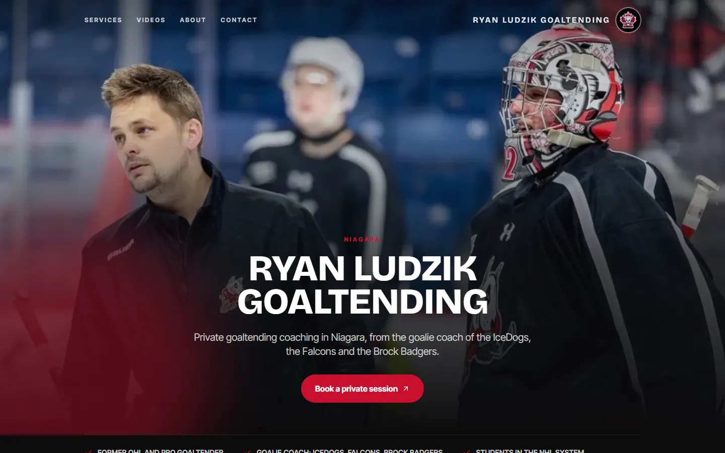 The home page of ludzikgoaltending.ca: Ryan Ludzik on the ice beside an IceDogs goaltender, with the headline Ryan Ludzik Goaltending and a Book a private session button.